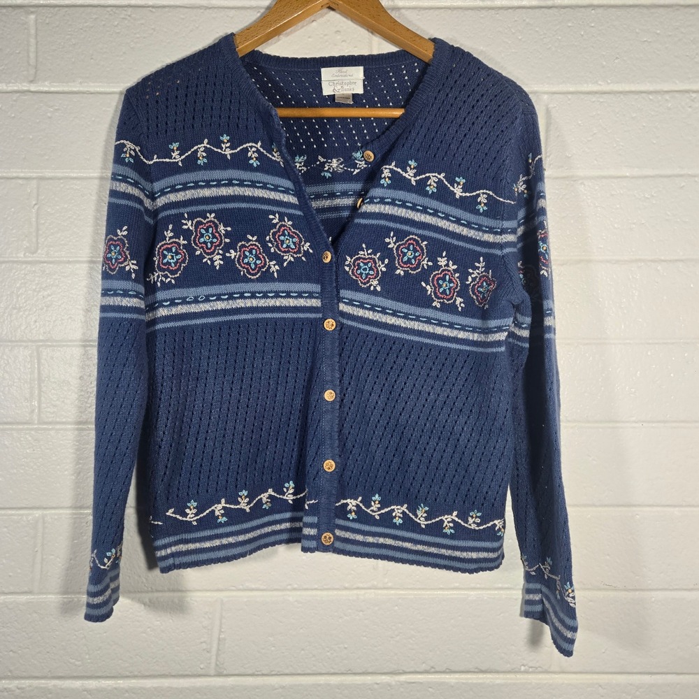 Vtg Y2K‎ Floral Pointelle Knit Embroidered Cardigan Grandmacore Coastal Large